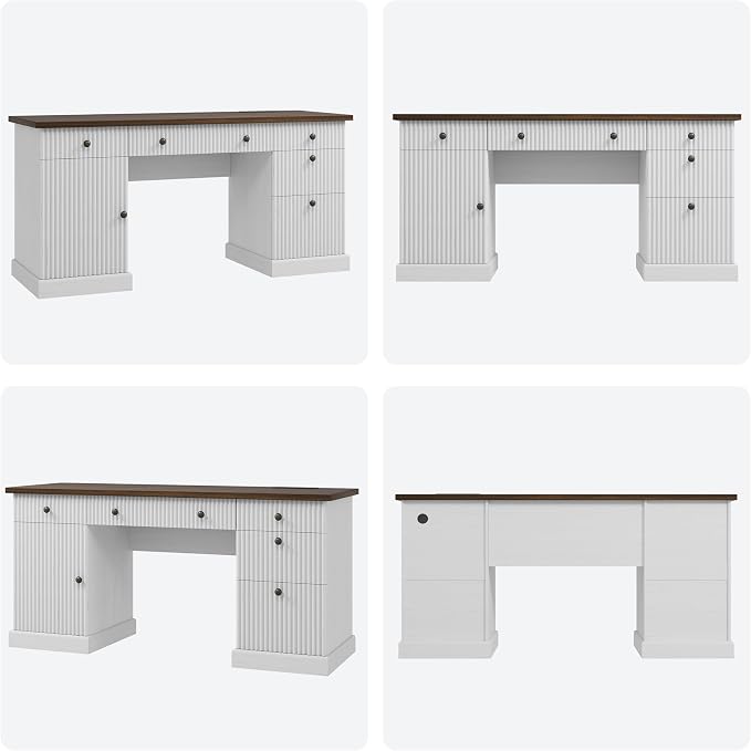 IDEALHOUSE 60 Inch Modern Executive Desk with Charging Station, USB-C/A Ports & 6.56ft Cord - Walnut & White Fluted Wood Office Desk with File Drawers, Sturdy Computer Desk for Home Office