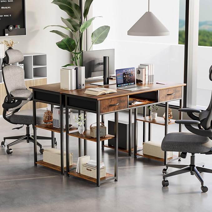 DUMOS 48-Inch Computer Desk with Drawers and Hook, Brown | Home Office Desk for Bedroom, Gaming Writing Study Desk with Adjustable Feet