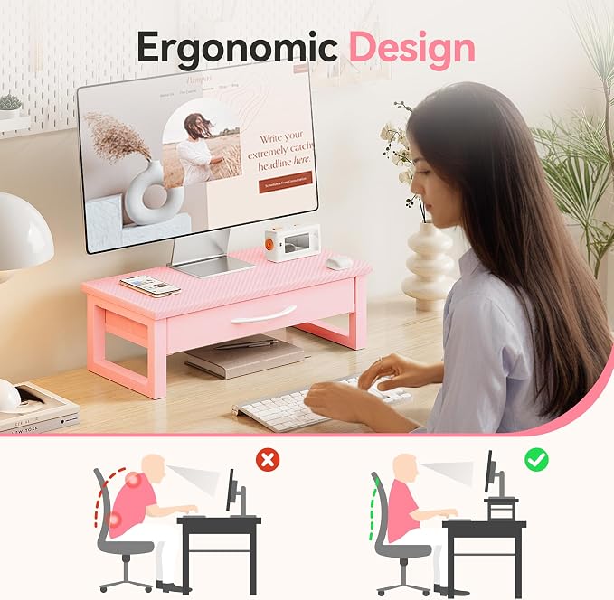 Desk Organizers and Accessories, Computer Monitor Stand Riser with Fabric Drawer, 2-Tier Laptop Stand for Desk, Office Organization Accessories, Pink