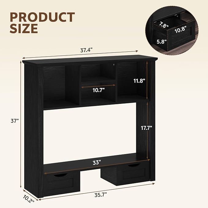 Desk Shelf with Computer Monitor Stand, 37.4''W Desktop Bookshelf | Display Rack, Desktop Organizer Storage Rack with Cubbies & Drawers, 5-Tier Hutch for Home, Office, Dorm, Vanity, Black