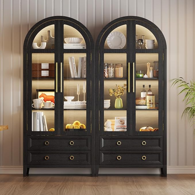 Arched Curio Cabinet with Glass Doors, 4-Tier Display Cabinet with 2 Drawers, Tall Bookcase with 3 Color Lights, Display Case, Kitchen Pantry (Black)