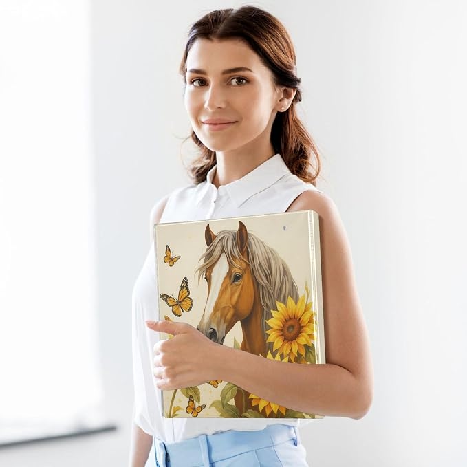 Horse Round Ring Binders 1.5 Inch Butterfly Sunflower 3 Ring Clipboard Binder for Office School Work Supplies File Folder Document 200 Sheet Capacity Easy Open 2 Pieces