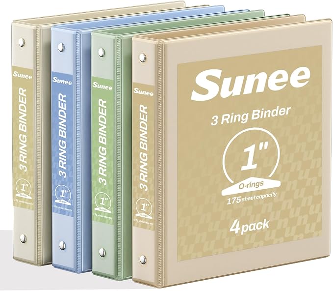 SUNEE 3 Ring Binder 1 Inch 4 Pack, Clear View Binder Three Ring PVC-Free (Fit 8.5x11 Inches) for School or Office Supplies, Neutral Aesthetic
