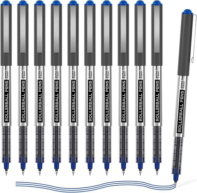 Shuttle Art Rollerball Pens, 10 Pack Blue Liquid Ink Pens, 0.5mm Extra Fine Point, Quick Drying for Writing Journaling Taking Notes School Office