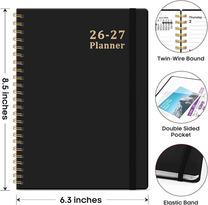 Taja Planner 2026-2027, 6.3" x 8.5" Calendar Planner, Jul 2026-Jun 2027 | A5 Hardcover Weekly & Monthly Academic Year Planner, Large Planning Agenda With Tabs, School & Office Supplies, Black