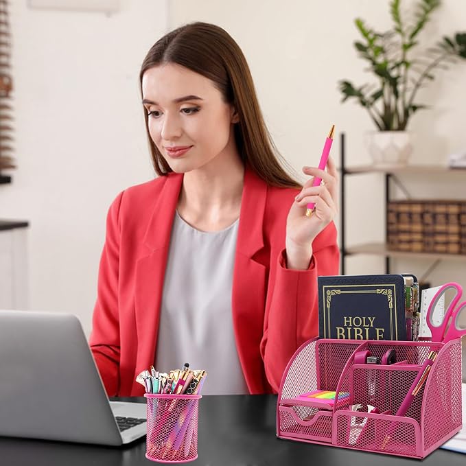 12Pcs Hot Pink Desk Organizers and Accessories Set for Office School Home | Office Supplies for Women Coworkers Students, Include Stapler, Pen Holder, Tape Holder, Scissors, Ruler, Staple Remover
