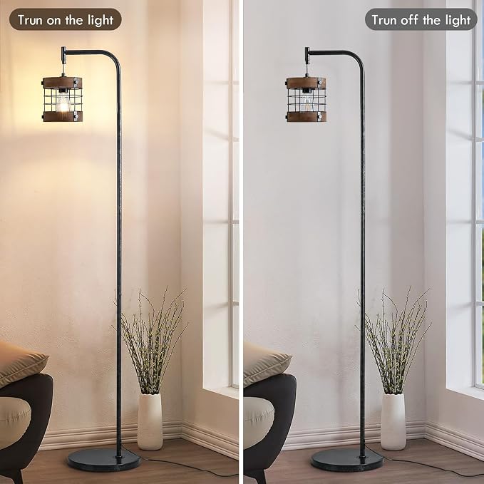 67" Industrial Floor Lamp with Wood & Black Metal Shade, Modern Standing Lamp, Rustic Farmhouse Tall Lamp for Living Room Bedroom Office, 2700K Bulb & Foot Switch Included (BlackSliver+ Wood- FL-2521)