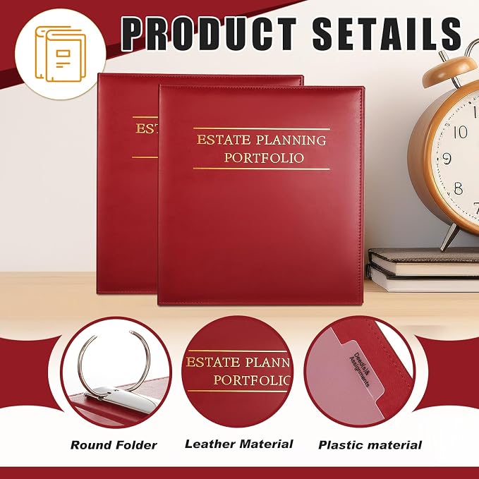 Dunzoom 10 Pcs Estate Planning Portfolio Binder PU Leather 3 Ring Binders with Gold Title and Index Tab Dividers, 11'' x 11.8'' x 2.4'' Estate Planning Organizer(Red)