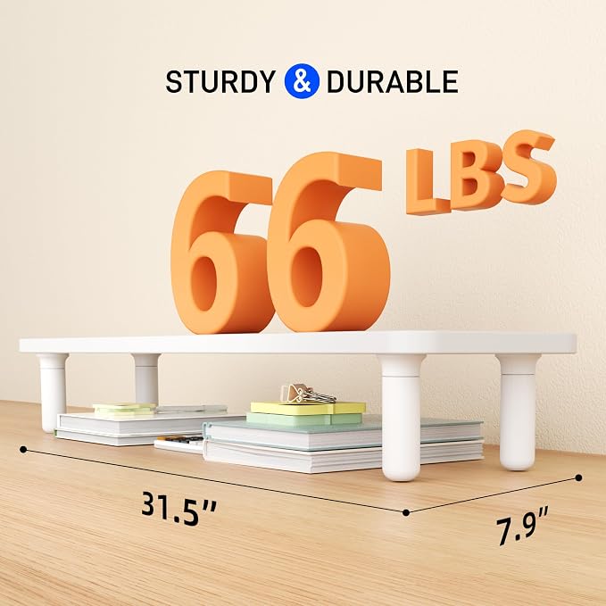 AFOOYO Dual Monitor Stand For Desk,31 Inch Adjustable Wood Computer Riser Desktop Storage Stand For Computer,Laptop,Printer,TV,White Grid