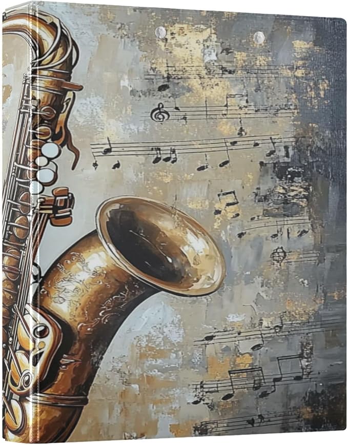 Vintage Saxophone 3 Round Ring Binders Musical Notes | 1.5 Inch Binder with Clipboard, PVC Pockets, Work Organizer, Holds 200 Sheets for School Office 1 Pack