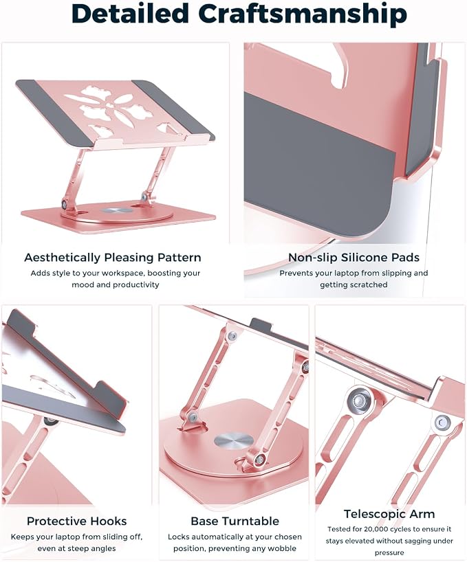 Aoviho 360° Rotating Laptop Stand for Desk | Adjustable, Foldable, Portable Aluminum Ergonomic Riser | Compatible with MacBook, Dell, HP & All Laptops 10-16 inch | Rose Gold
