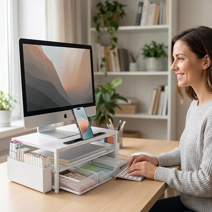 AUPSEN White Monitor Stand Riser, 2-Tier Wood Computer Desk Organizer with Drawer, Pen Storage & Phone Holder, Office Desk Accessories Desktop Organizer for Office Supplies (White)
