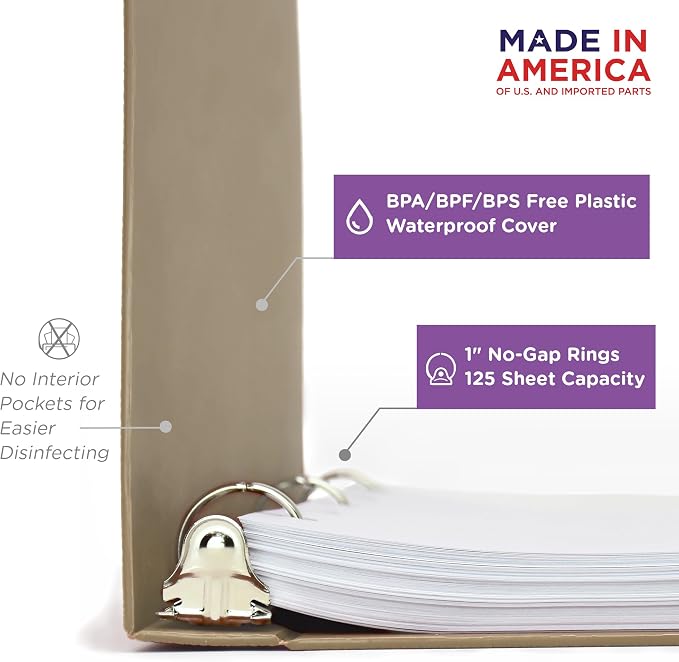 Carstens 1-Inch Heavy Duty 3-Ring Binder - Side Opening, Sand, Durable Plastic, Precision No-Gap Rings, Waterproof Cover, No Pockets, Holds 125 US Letter Sheets, BPA-Free, Made in USA (8717-3R)