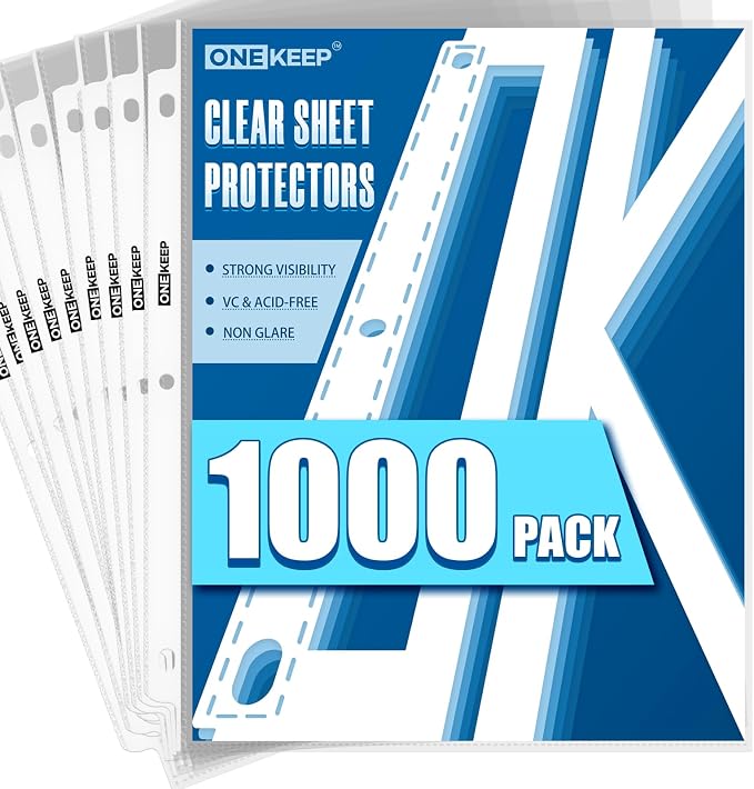 1000 Pack Sheet Protectors, Top Loading Reinforced 3-Hole Page | Protectors for 3-Ring Binders, Fits Standard 8.5" x 11" Letter Size Paper, Perfect for Documents & Photos, Office Supplies