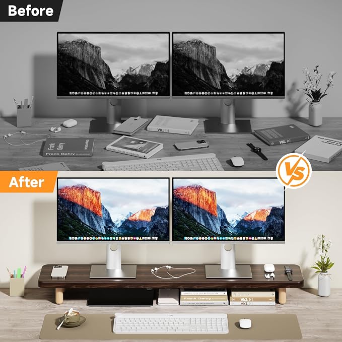 Dual Monitor Stand Riser, 39 Inch Extra Long Wooden Desktop Monitor Riser with Storage for 2 Monitors Ultra Strong Desk Shelf Organizer Riser Ergonomic for 2 Screens/Laptop/PC/TV/Printer (Dark Walnut, 39inches)