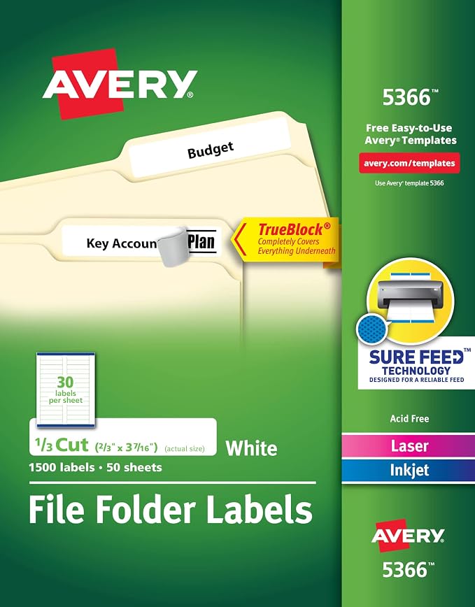 Avery TrueBlock File Folder Labels, 2/3" x 3-7/16", White, 5 Packs, 7,500 Printable Labels Total (5366)