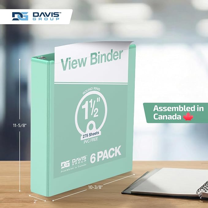 Pack of 6 Premium View Binders, Ring Binders with Clear-View Cover and Interior Pockets, Pastel Color Options, 1.5 Inch, Mint