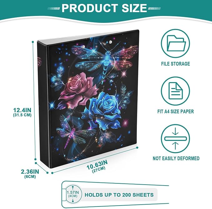 3 Ring Binder, Colorful Dragonflies Red Roses File Folder Holds 200 Sheets File Storage for Women Men School Office Supplie