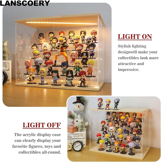 LANSCOERY LED Lighted Acrylic Display Case, 6 Tier Display Box for Collectibles and Action Figures, Clear Dustproof Organizer with Wooden Base – 22.8x11.9x14.7inch
