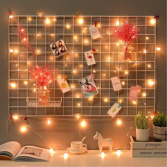 2 Pack Large Wall Grid Panels with Light and Clips, Photo Display Board, Picture Frame Collage Board, Wire Grid Wall Panel Room Decoration,White