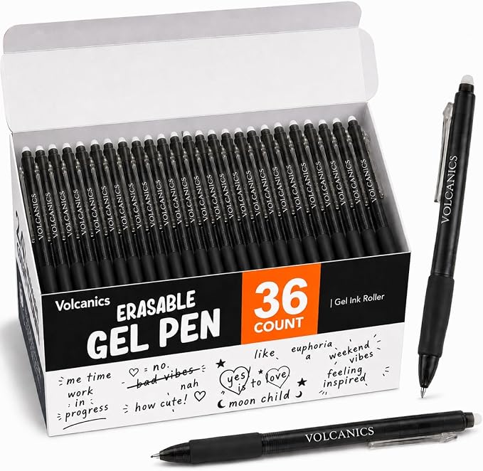 Volcanics Retractable Clicker Erasable Gel Pens, 0.7mm Soft Black, 36 Pack