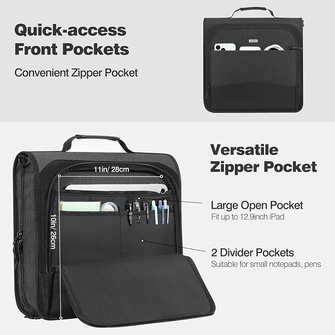 MoKo Zipper Binder, 3-Inch 3-Ring, 600 Sheets, 6-Tab File Folders, Black | Waterproof 900D polyester with six dividers, multiple pockets, a handle and adjustable shoulder strap.