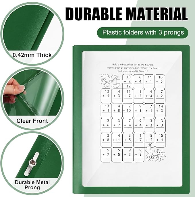 Teling 36 Pcs Report Covers with 3 Prong Fasteners Clear Front Presentation Folders Frame View Poly Report Folder Presentation Binder for Paper Document School Office (Dark Green)