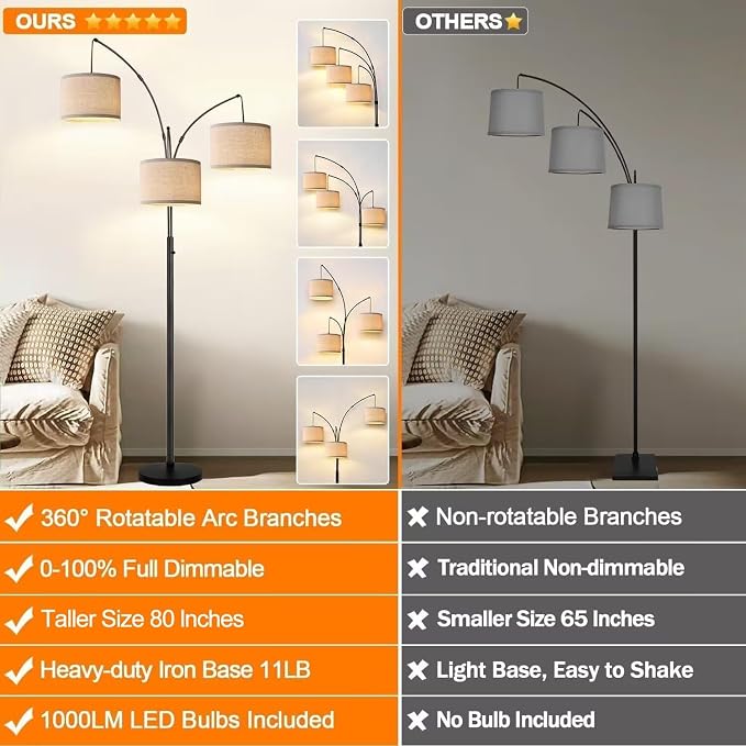Dimmable 3 Lights Floor Lamp - 3000LM Super Bright Arc Floor Lamps for Living Room, Modern Tall Standing Lamp With Beige Shades, Mid Century Tree Floor Lamp for Bedroom Office, 3 LED Bulbs Included