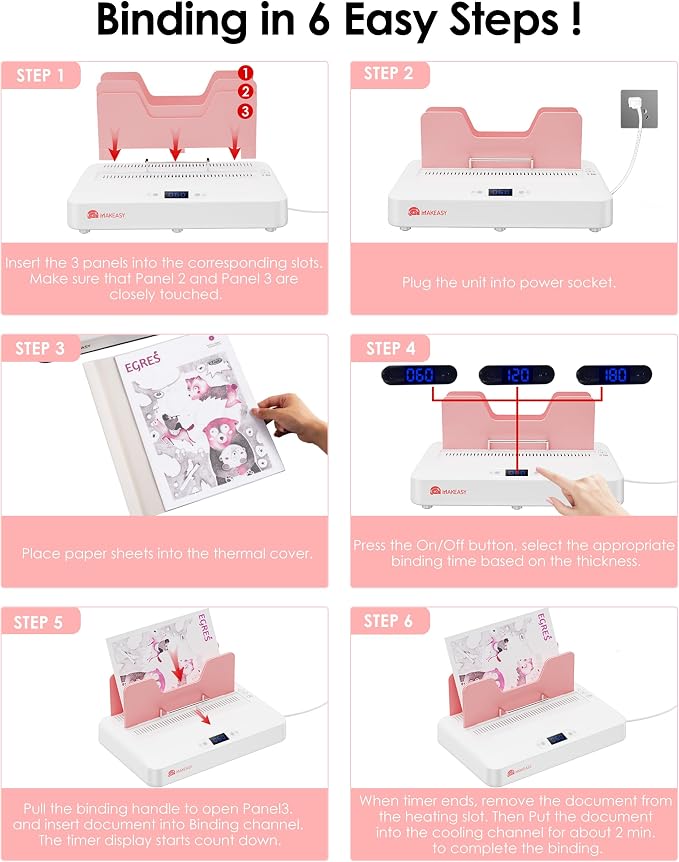 Pink Thermal Binding Machine 500 Sheets Capacity, Digital Touch Panel, Air Cooling, Electric Thermal Binder for A4//A5/Letter Size Documents, Come with 10 PCS Binding Covers
