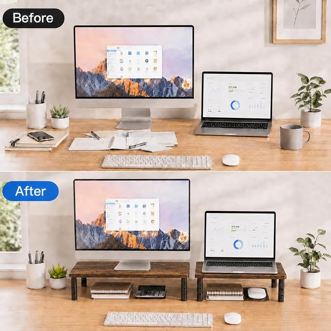 Adjustable Monitor Stand Riser for Desk, Wood Computer & Laptop Stand, Desk Organizers and Accessories, Office Desk Accessories & Workspace Organizer for Home Office Supplies, Brown 2-Pack