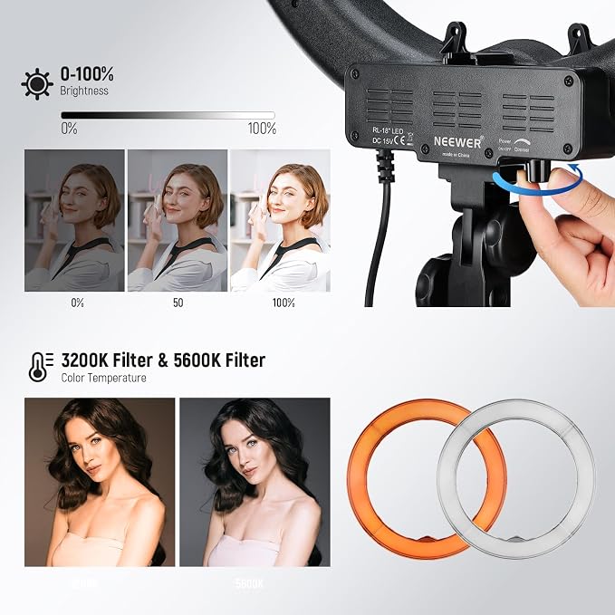 NEEWER 55W 18"/45cm Ring Light Kit [New Version], with Tripod Stand, RL-18 | 5600K Dimmable LED Ringlight, Phone Holder for iPhone, Lighting for Selfie Makeup Lash Tattoo Studio Photo Video Recording