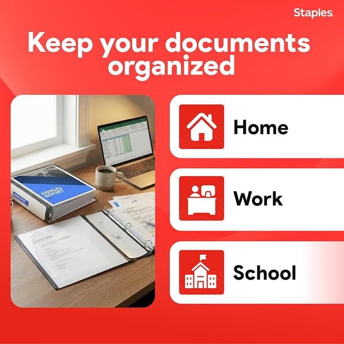 Staples Heavy-Duty 3-Inch D-Ring Binder, White, Holds 600 Sheets | Large-capacity 3-ring binder with pockets for document storage.