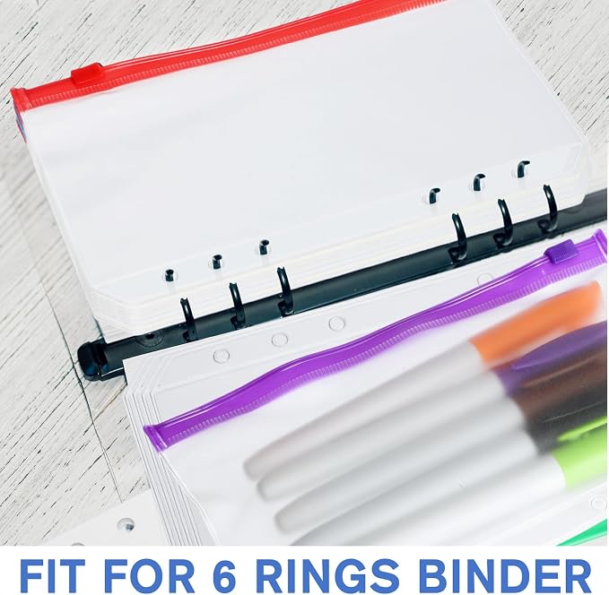 Gersoniel 40 Pieces 6 Ring Binder Zipper Pouch, 6 Hole Binder Pockets with Zipper Bulk Folders A6 Plastic Pouch Colorful Loose Leaf Bags Waterproof PVC Document Filing Bag