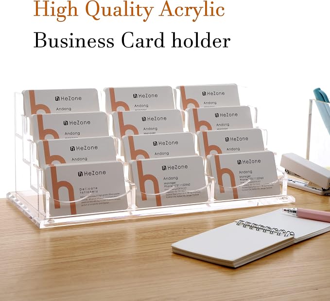 HeZone Business Card Holder Display for Desk, 12 Slot 4 Tier Multiple-Clear Acrylic Business Card Stand Set, Holds Approximately 600 Cards(12 Cell H)