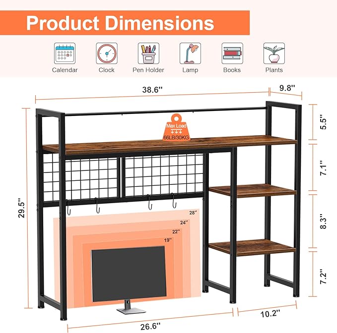 Snughome Desk Shelf, 38.6" Desktop Organizer Shelf, Desk Hutch for Computer Monitor, 4 Tier Desk Display Rack with Pegboard Hooks Set, Wood Desktop Bookshelf for Home Office Dorm