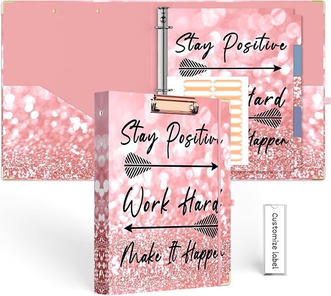 EYROZILL 3 Ring Binder 1 Inch for Letter-Size Paper with 5-Tab Dividers, Cute Pink 8.5" x 11" Three Ring Binders with Clipboard for Women School Office Supplies, Stay Positive