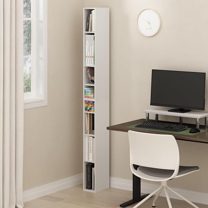 Furinno Fulda Book Shelf, 8-Tier Bookshelf, Bookcase with Space Saving Storage Shelf, 9.2 x 5.9 x 70.9, for Living Room, Bedroom, Home Office, White