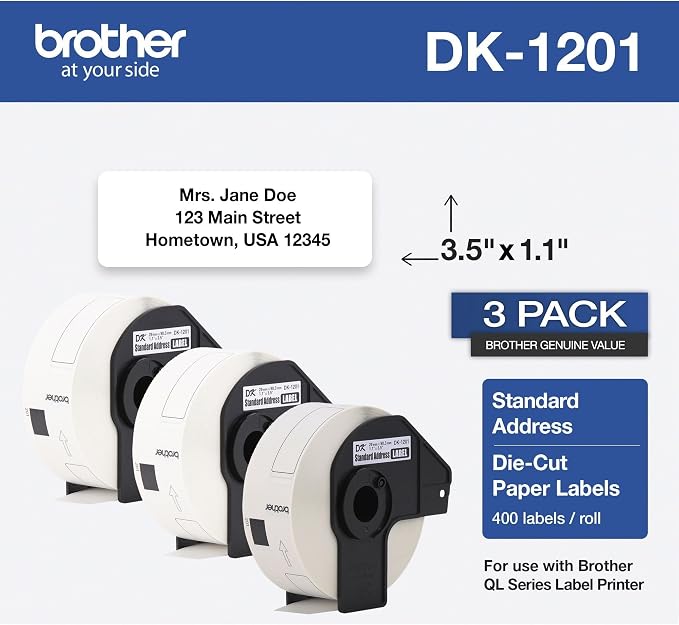 Brother Printer Genuine Die-Cut Standard Rolled Address Labels QL Printer, (DK12013PK), 3 Pack Roll