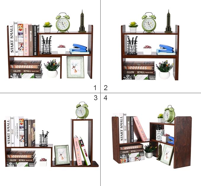 Desk Organizer Desktop Shelf Adjustable Countertop Bookshelf Small Table Shelves Book Organizer Office Organization for Desk, Antique Brown
