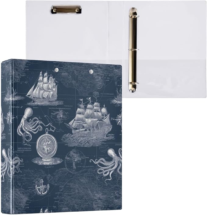 Nautical Ship Rudder Anchor Round Ring Binder for Recipe Budge Storage Organizer, Printed D Ring 1.5 Inch Binders for Office Work School Aesthetic Binder with Clear Pocket Non-Slip Clip