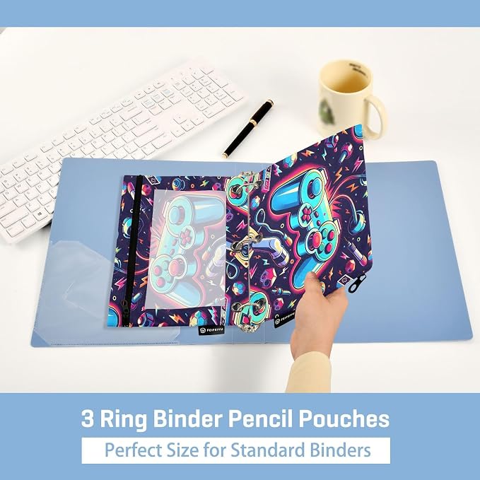 Bright Game Joystick Pencil Pouch for 3 Ring Binder, 2 Pack Waterproof Pencil Bags Clear Window Zipper School Office Supplies