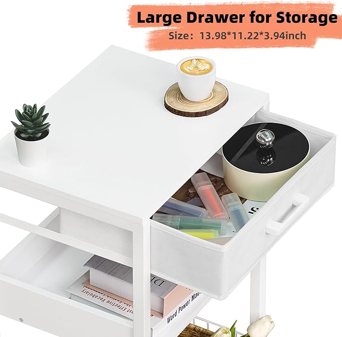 Lerliuo 3-Tier Printer Stand with Fabric Drawer and Shelves, White | Three-tier printer stand with fabric drawer and two shelves for paper, office supplies, scanners and fax machines