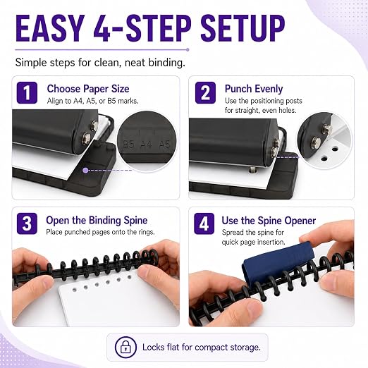 10 Hole Punch Binding Machine Kit for Planner (Black) with 10 Multi-Color Spiral Coils, Adjustable A4 A5 B5 Paper Puncher, DIY Notebook Scrapbook Maker for Home Office School Organization