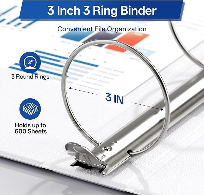 GNL 3 Inch Binders 3 Ring Bulk, 3" Three Ring Clear View Binder (Fit 8.5"x11" Paper) PVC-Free & Non-Stick for Office & School Supplies, White, 4 Pack