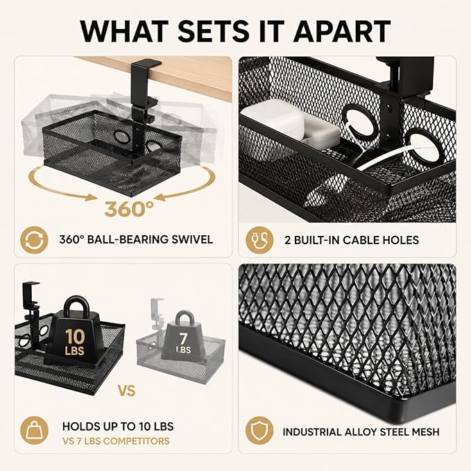 Under Desk Organizer, Clamp On 360 Swivel Mesh Drawer, No Drill, Black | Pulchrum hidden storage basket with cable holes, 10 lb capacity attachment for standing or gaming setups, home office tidy
