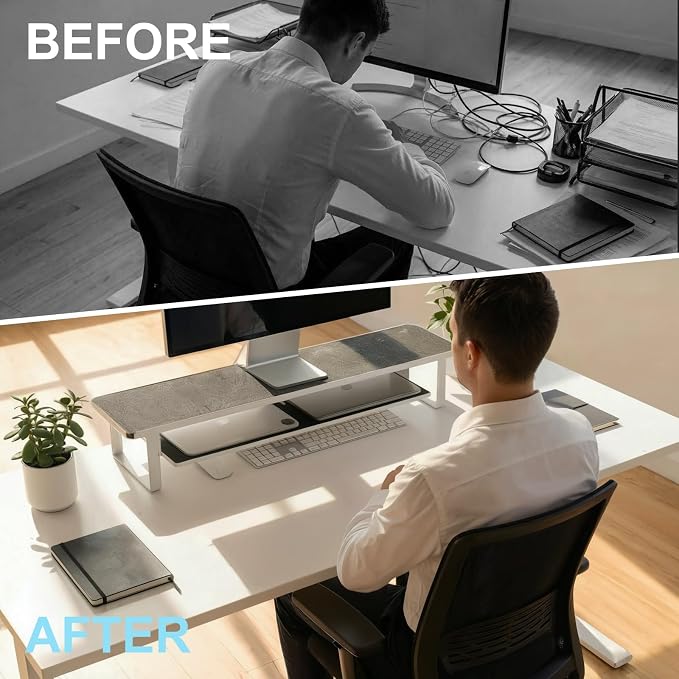 Dual Monitor Stand Riser, 31.5 Inch Extra Wide Thick Heavy Duty Carbon Steel 2 Tier Desktop Organizer with Pull Out Layered Shelf,for Home Office Gaming Curved Monitors