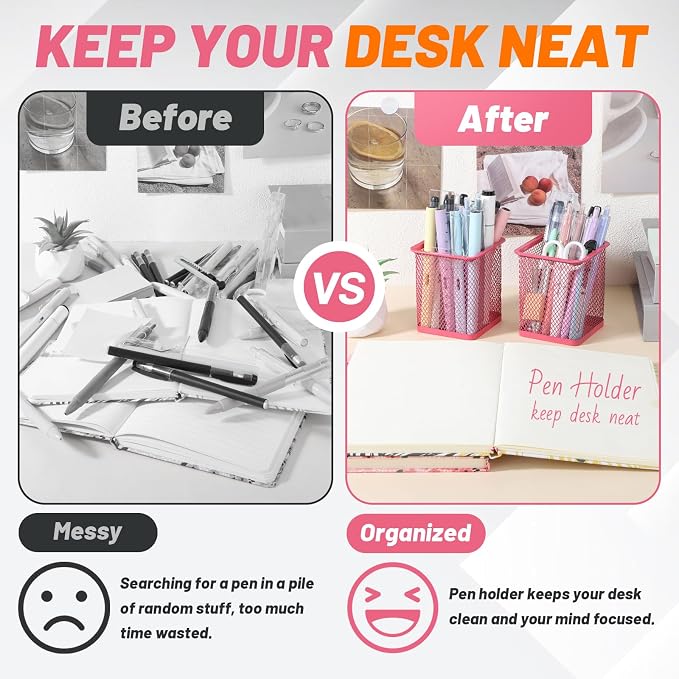 Segarty Pen Cup Holder, 3 Pack Square Dark Pink Pen Holder for Desk, Cute Mesh Pencil Cups Container Set for Office Supply, School Classroom, Home Desktop Storgae and Organization, Brushes Organizer