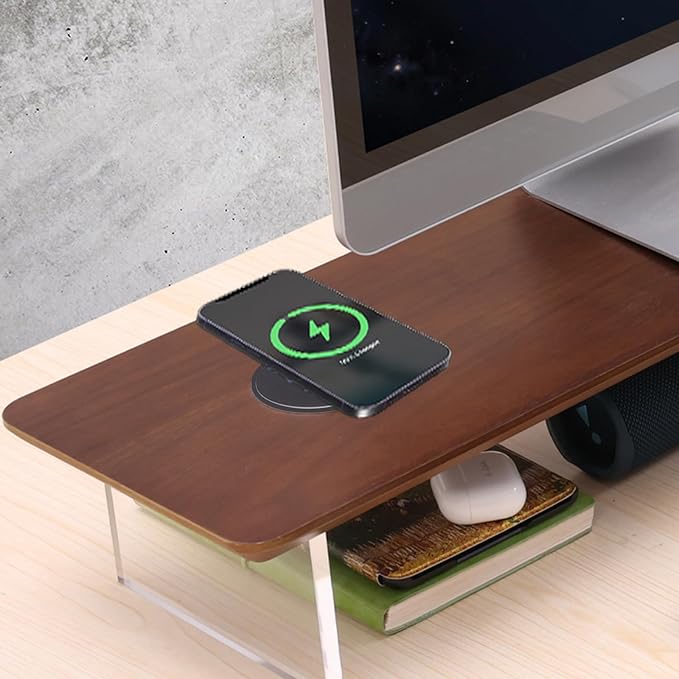 SUIBIAN Elegant Wood & Acrylic Monitor Stand with 15W Wireless Charging – 31.5" Large Desk Riser for Ergonomic View, Desktop Organizer, Laptop & PC | Modern Floating Design(Walnut Wood)