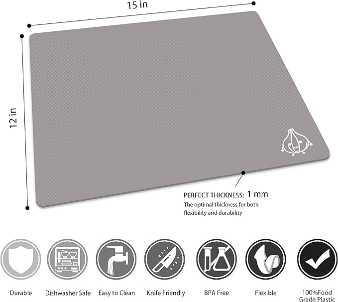 ZVP Plastic Cutting Boards for Kitchen, Flexible Cutting Mats, Gradient Gray Chopping Boards with Food Icon, Non-Slip, Non Porous, BPA Free, Dishwasher Safe