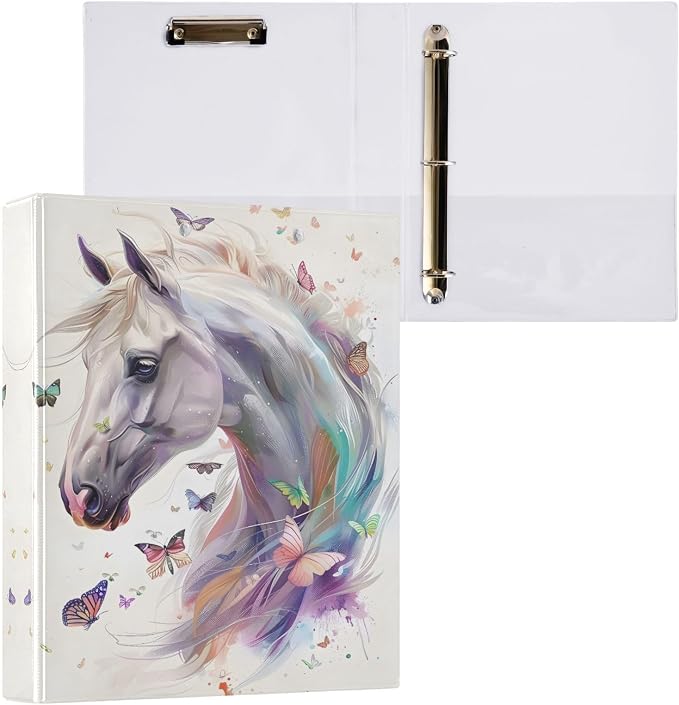 3 Ring Binder White Horse Butterflies 1.5" Round Ring Binders View Binder with 200 Sheet for Kids School Supplies Women Men Office, 1 Pack